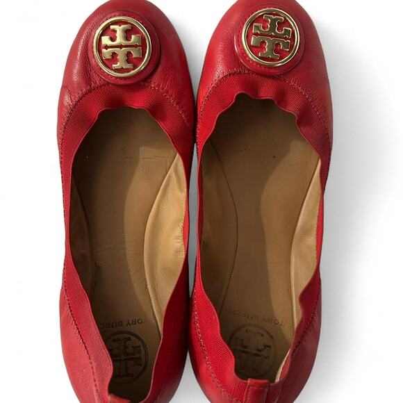 Tory Burch Red Leather Ballet Flats SlipOn Gold Logo Minimalist Preppy Capsule 8 - Picture 1 of 5